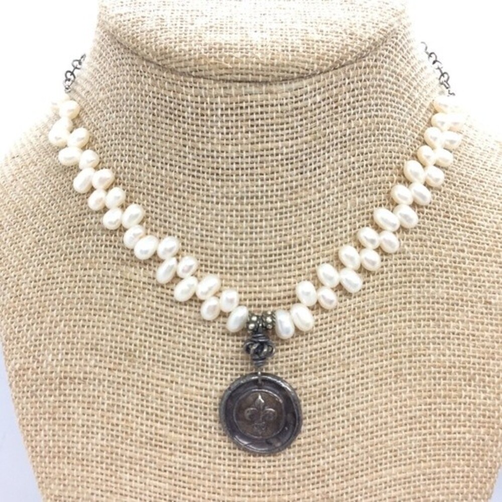 STERLING SILVER NECKLACE Genuine Pearl Fleur De Lis 925 Oxidized Pendant 16in